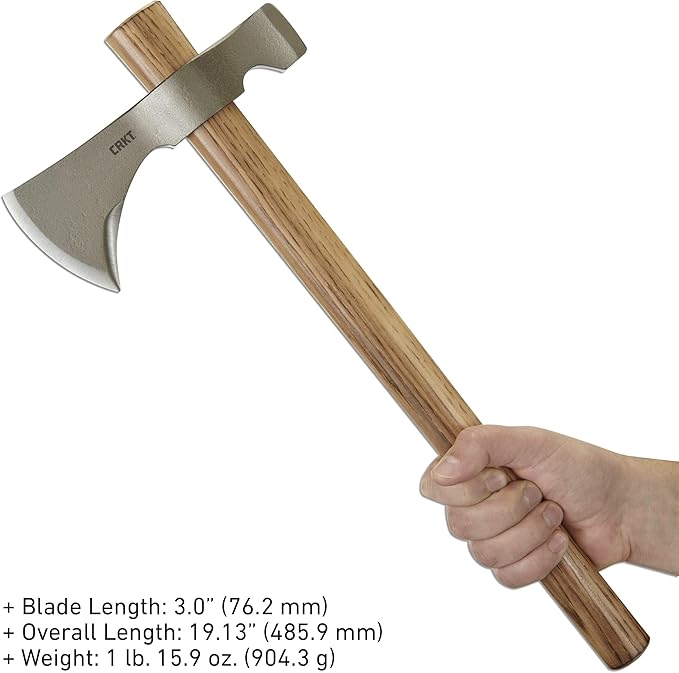 CRKT Woods Chogan T-Hawk Outdoor Survival Tomahawk: 1055 Carbon Steel Plain Edge Blade Tennessee Hickory Handle 2730