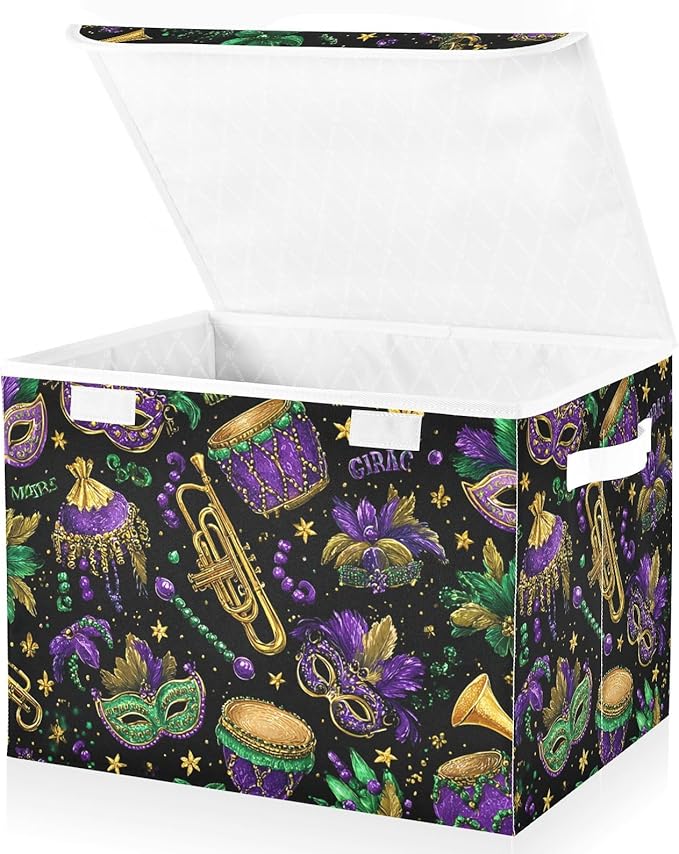 Mardi Gras Masks Black Storage Box with Lid 1 PC Foldable Storage Bin with Lids Stackable Storage Bins Cube Closet Organizer Basket with Flip-Top Lid &amp Handles for Shoes Books Towels
