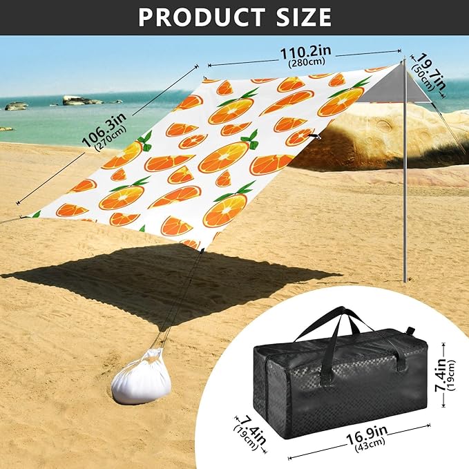 Beach Canopy with Windproof Ropes &amp Sandbags Beach Tent Sun Shade Sun Shelter for Camping Trips Fishing Backyard Fun or Picnics Oranges
