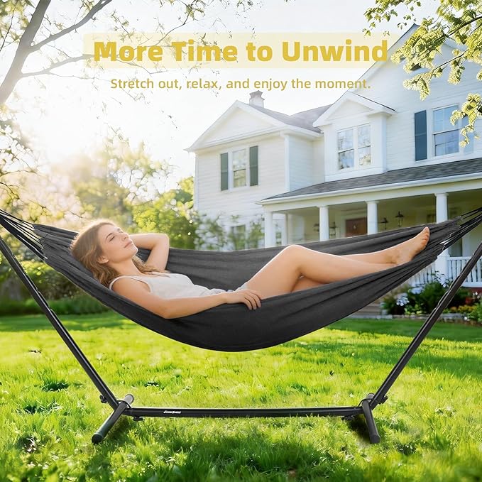 EchoSmile Double Hammock with Detachable Stand - 480 lbs Heavy Duty 2 Person Hammock Adjustable Hooks Indoor Outdoor Stand Hammock Durable Steel Frame - Charcoal Gray