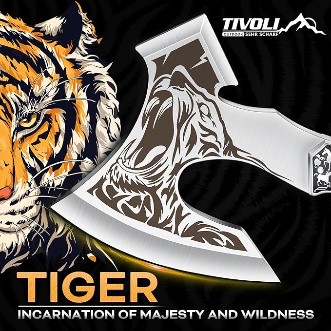 TIVOLI Camping Axe Tiger - Patterned Survival Hatchet with Nylon Sheath High Carbon Steel Blade Compact Outdoor Bushcraft Axe with Ergonomic Wood Grip Camping Gear for Hiking Chopping Hunting