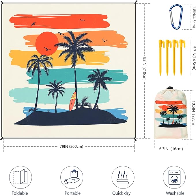 Beach Blanket Waterproof Sandproof Beach Mat 79 X 83/10'x9'for 2-8 Adults Quick Drying Outdoor Picnic Mat Beach Accessories for Travel Camping Hiking