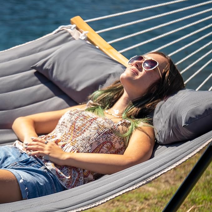 Outdoor Hammock with Stand Included Heavy Duty Hammock with Curved Spreader Bar Pillow and Portable Bag 450 Lbs Capacity Grey