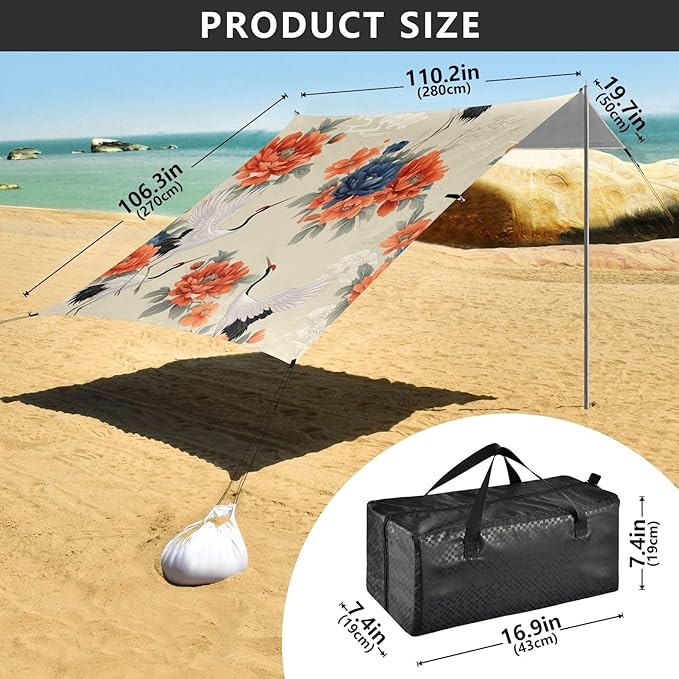 Elegant Floral Cranes Beach Tent Sun Shelter Set UPF50+ UV Protection 10.5 x 9.19 FT Camping Shade Canopy with Sandbags Sand Anchors Carrying Bag and Others