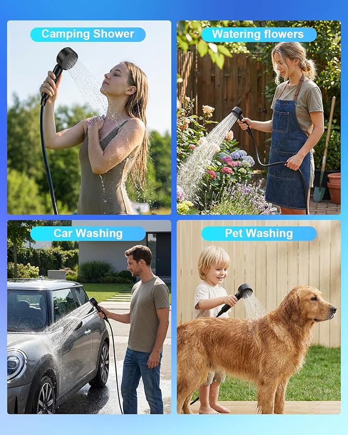Spopal Portable Shower for Camping [Long-Lasting] 5000mAh Rechargeable Camping Shower 4 Spray Modes IPX8 Waterproof Outdoor Camp Pump for Hiking Travel Car Pet