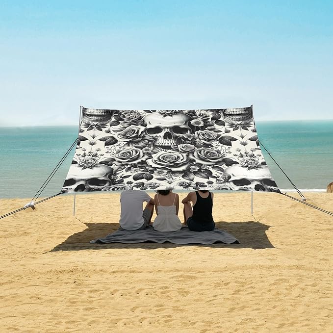 Skulls and Roses Beach Tent Sun Shelter Set UPF50+ UV Protection 10.5 x 9.19 FT Camping Shade Canopy with Sandbags Sand Anchors Carrying Bag and Others