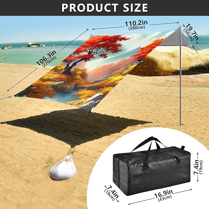 xigua Autumn Beach Tent Sun Shelter with Carrying Bag - Silver Coated Oxford Fabric Beach Canopy for Beach Camping Fishing - Includes Windproof Ropes Sandbags &amp Stakes