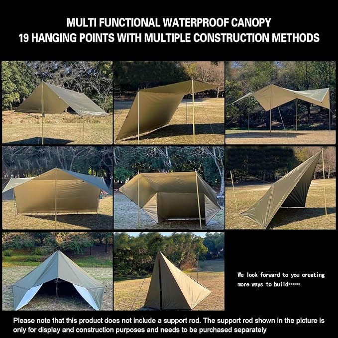 GOLDCAMP Waterproof Camping Tarp70D Nylon 10X13.2ft Hammock Rain Fly UV 50+ and PU15000mm Tent Tarp Shelter CanopyHeavy Duty Multifunctional Sun Shade Essentials for Hiking (120''X120'')