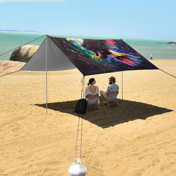 ALAZA Bald Eagle Beach Tent Sun Shelter UPF50+ Protection Beach Shade Canopy w/ 4 Sandbags for Outdoor Camping Fishing Backyard Fun Picnic 10x9 ft