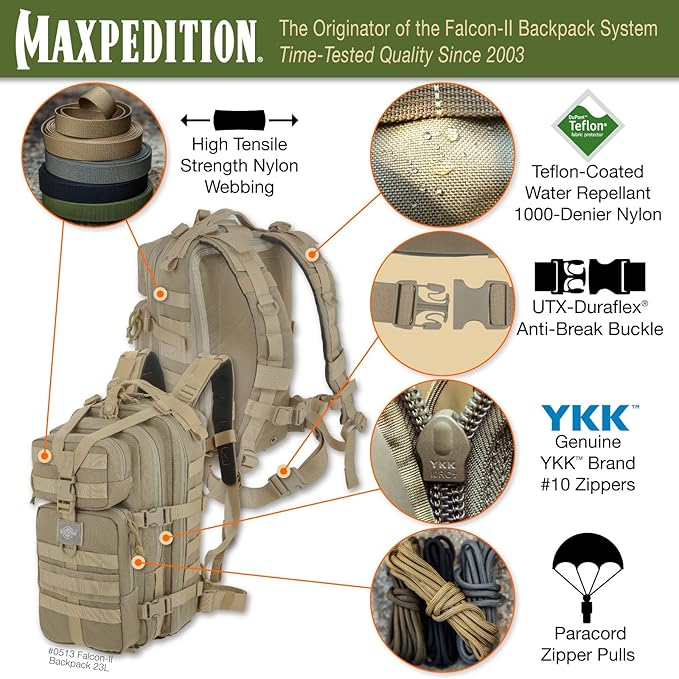 MAXPEDITION Falcon-II Backpack 23L Tactical Backpack Survival Pack Bug Out Bag MOLLE Go Bag for EDC 0513