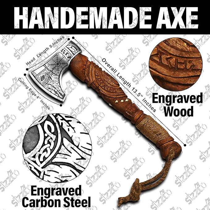 Custom Gift Forged Carbon Steel Viking Style Axe Bearded Axe with Rose Wood Shaft Tomahawk - Real Hatchet Best Gift for Christmas Anniversary Valentine's Day Birthday Premium Leather Sheath