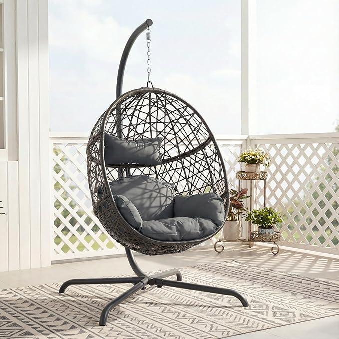 NICESOUL Bird Cage Swing Egg Chair UV/Water-Resistant 450lbs Capacity Wicker Swinging Chairs with Stand Comfy Oversized Hanging Seat w/Cushion Metal Frame &amp Cover for Indoor Outdoor Dark Grey