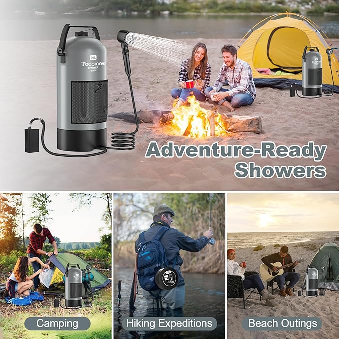 Portable Camping Shower with Battery Powered Pump 5 Gal/20L Solar Heated Camp Shower Bag 3-Mode Shower Head &amp Travel Case for Outdoor Camping Beach Rinse &amp Dogs