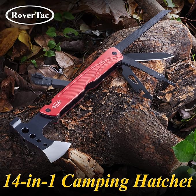 RoverTac Camping Hatchet Multitool Axe Survival Gear 14-in-1 Multi Tool Axe Hammer Knife Saw Bottle Opener Fire Starter Whistle Gifts for Men Dad Him Perfect for Camping Survival Hiking Fishing