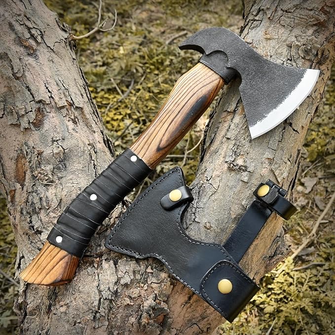 14” Hatchet Axe Camping Hatchet Hand Forged Axe with Sheath for Wood Chopping Splitting &amp Carving Bushcraft Axe with Ash Wood Handle for Outdoor &amp Survival