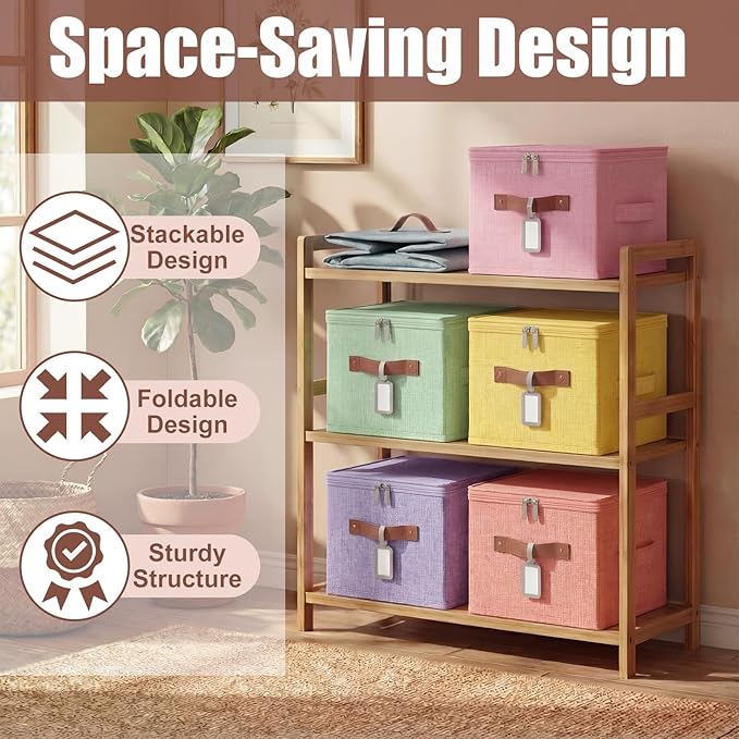 6 Pack Fabric Closet Storage Bins with Zipper Lids and Label 10×8×7In Large Foldable Cotton Linen Storage Cubes with Leather Handles for Nursery Pink Purple Blue Green Yellow Orange
