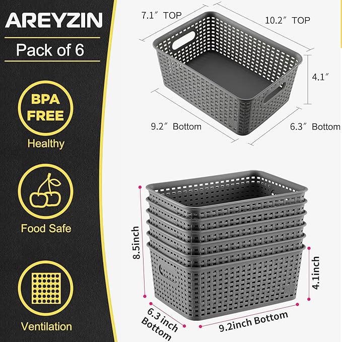AREYZIN Plastic Storage Baskets Bins With Lid Organizing Container Lidded Knit Storage Organizer Bins for Shelves Drawers Desktop Closet Playroom Classroom Office 6 Pack