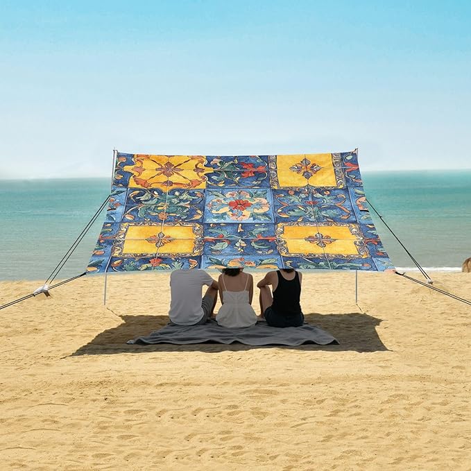Bohemian Boho Vintage Mandala Style Flower Beach Cabana UPF50+ Protection Waterproof Portable Sun Shelter Includes Sand Shovel Sandbags Stability Poles for Camping Trips Fishing Backyard