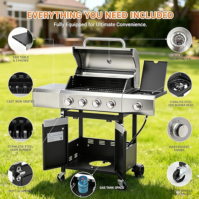EUHOME 51000 BTU 4-Burner Propane Gas Grill with Side Burner – Large 452 sq.in Stainless Steel BBQ Grill Enameled Cast Iron Grates 4 Swivel Casters &amp Protective Cover for Backyard Patio Family