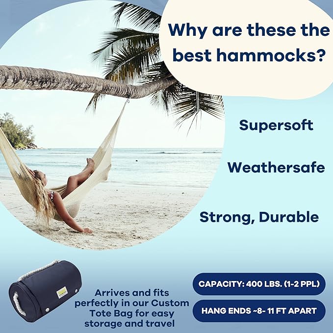 Handwoven Hammock by Yellow Leaf Hammocks - Double Size Fits 1-2 PPL 400lb max - Weathersafe Super Strong Easy to Hang Ultra Soft Artisan Made - Color: Natural Khaki