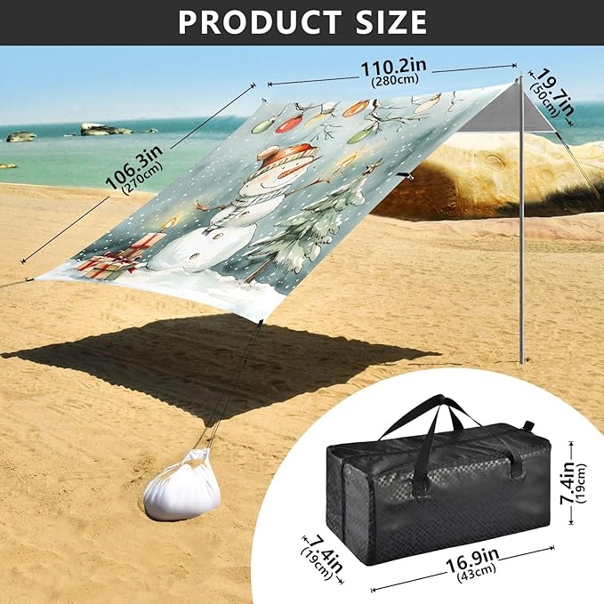 ALAZA Christmas Snowman Winter Beach Tent Sun Shelter UPF50+ Protection Beach Shade Canopy w/ 4 Sandbags for Outdoor Camping Fishing Backyard Fun Picnic 10x9 ft