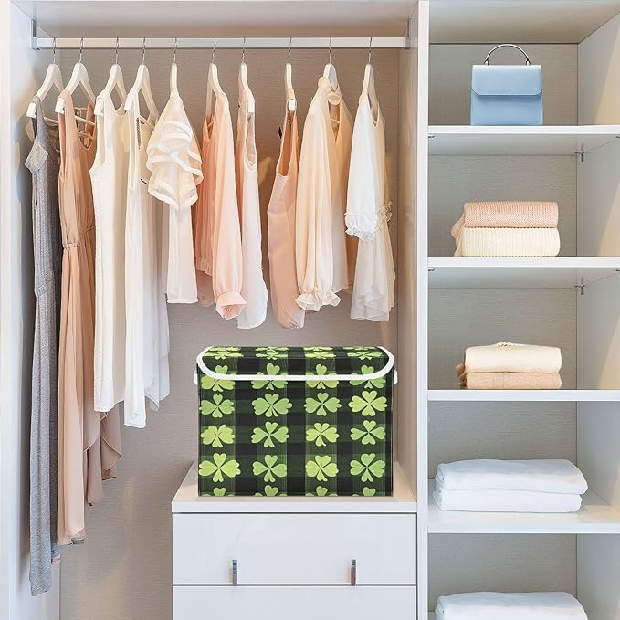 Clover Stripes Fabric Storage Bins with Lids and HandleFoldable Storage Bins with LidsCloset Organizers for Clothes Storage Room Organization Office Storage Chest Organizer