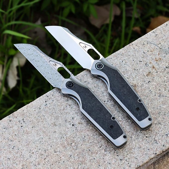 KANSEPT Tuckamore Camping Pocket Knives for Men 8.12in Folding Pocket Knives with 3.54in Damascus Material and Titanium Shred Carbon Fiber Timascus Clip Handle for Outdoor Tactical Survival K1052A5
