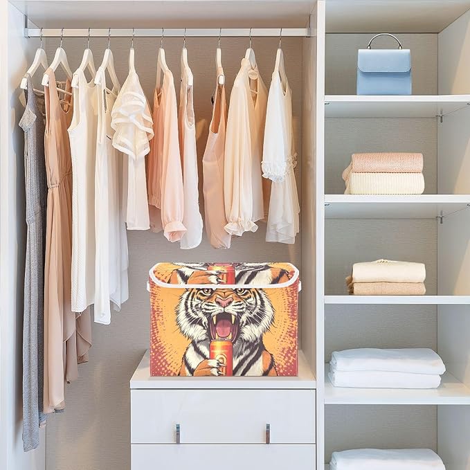 Storage Cube with Lid Animal with Drink Print 16.5×12.6×11.8 IN Collapsible Large Capacity Foldable Storage Basket Bin Organizer