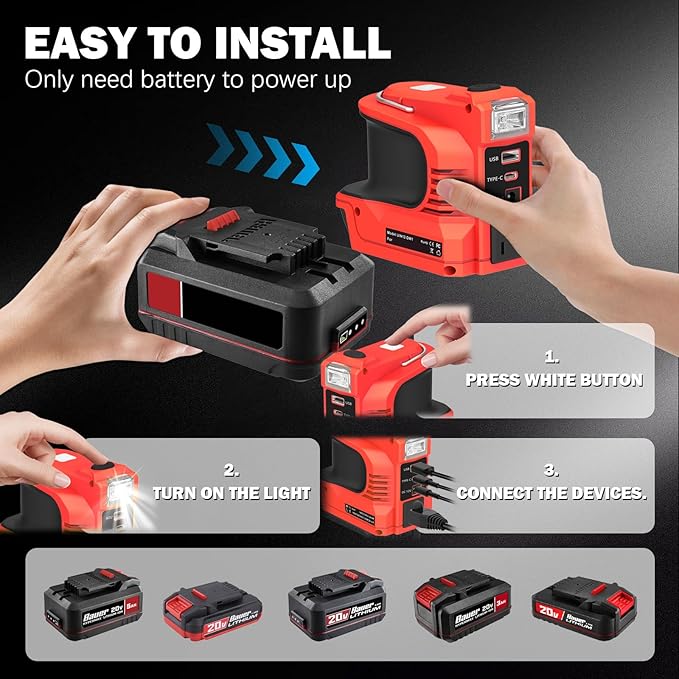 220W Power Inverter for Bauer 20V DC 24V to AC 110-120V Inverter 20V Battery Powered Portable Power Source Supply Charger Adapter with USB&ampType-C&ampAC Outlet&ampLED Light(No Battery)