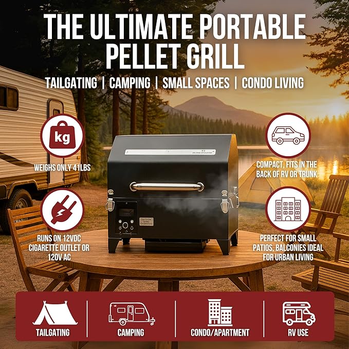 Freedom Portable Pellet Grill &amp Smoker: Digital Display Dual Meat Probes 242 sq in Cooking Area AC/DC Powered Black