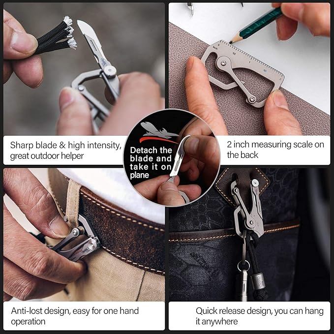 KeyUnity KU00 Titanium Quickdraw Carabiner with Folding Knife B Shaped EDC Multifunctional Keychain with 2 Inch Ruler Palm Sized Lightweight Stainless Body Perfect for Home/Office/Camping
