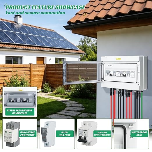 4 in 2 Out Solar Combiner BoxPV Combiner Box with 20A PV FuseDC 40A Circuit Breaker and Surge ProtectorIP65 Solar Disconnect Switch Box for Indoor Outdoor Solar Panel System (4 in 2 Out 20A 500V)