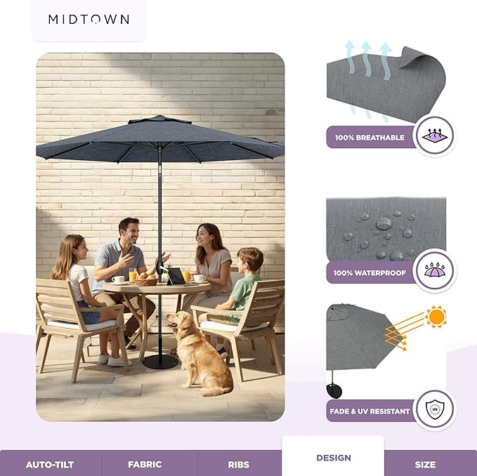 Midtown Umbrellas 10-Year-No-Fade - 9 Ft - UV Proof Heather Grey Polyester Fabric - Umbrella Outdoor Patio Auto-Tilt Aluminum Frame Patio Umbrella for Garden Pool &amp Deck - Black Pole