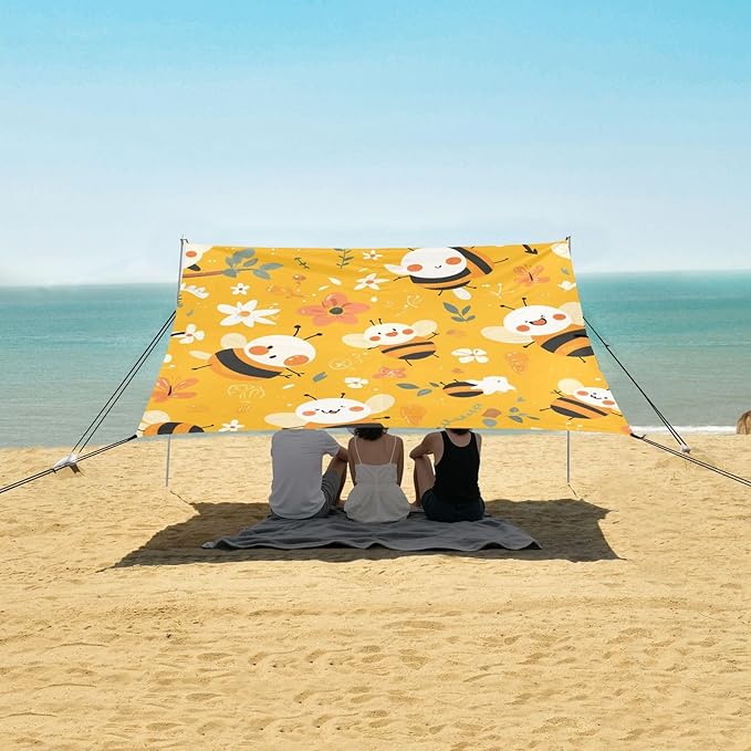 Sweet Honey Pattern Cute Bees Happy Beach Tent &amp Canopy UPF50+ Protection Waterproof Large Portable Sun Shelter with Carrying Bag for Family Trips Picnics &amp Camping