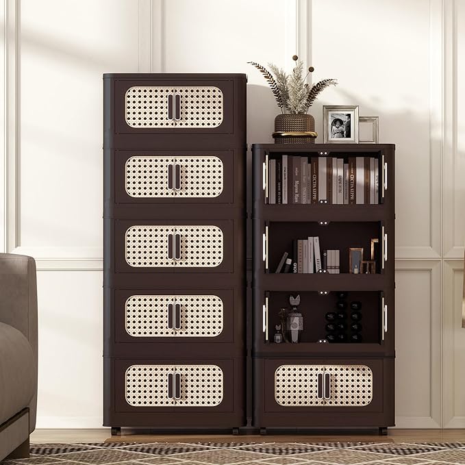 4 Tiers Folding Storage Cabinet20 Side Wide Stackable Storage Bins with Doors and Wheels Space Saving Plastic Cabinet for Living Room Office Dorm Retro Brown