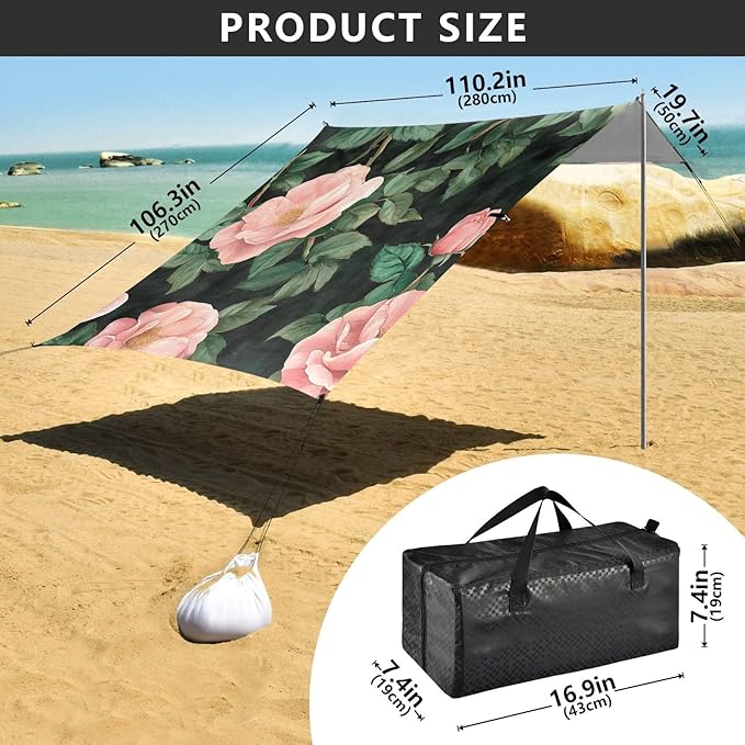 ALAZA Vintage Pink Rose Beach Tent Sun Shelter Portable Canopy Sunshade for Outdoor Camping Picnics Backyard Fun 10x9 ft