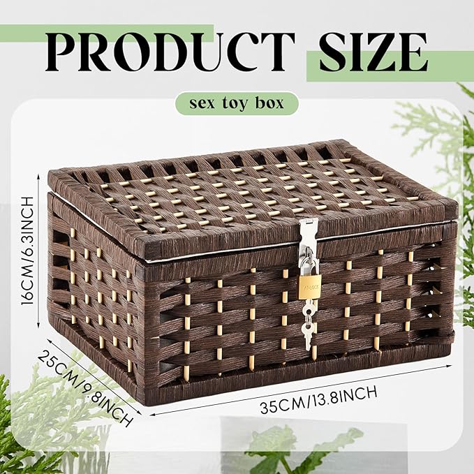 Discreet Lockable Adult Toy bag Storage Organizer Case for Women and Men Adult Wicker Baskets with Lid and Lock 13.8 x 9.8 x 6.3 Inch Box for Toys Valentine's Day Container(Dark Brown)