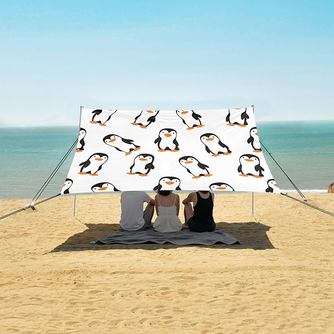 Penguin Beach Canopy Sun Shelter with Sandbags &amp Sand Shovel &amp Windproof Ropes - Portable 110x126 Beach Shade Beach Tent for Camping Picnics