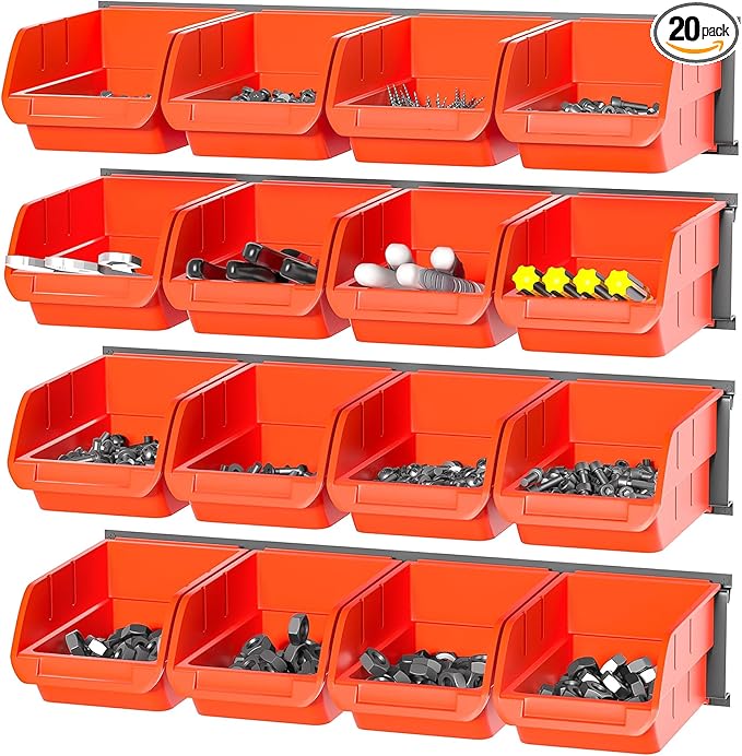 Ultrawall Wall Mounted Storage Bins Plastic Hanging Storage Organizer Bins Garage Tool Storage System for Screws Nuts Bolts Nails and Small Hardware Parts 16x bins &amp 4 x rails Orange