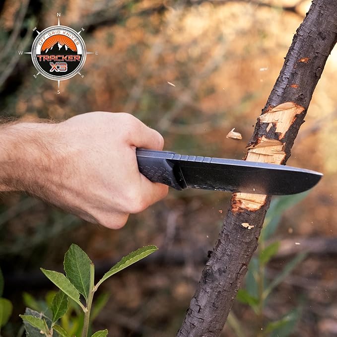 Off-Grid Knives - TRACKER-X3 Fixed Blade Knife Cryo D2 Blade Steel G10 Scales Kydex Sheath OG Lo-Pro Belt Attachment Camping Bushcraft Hunting Survival (Blackout)