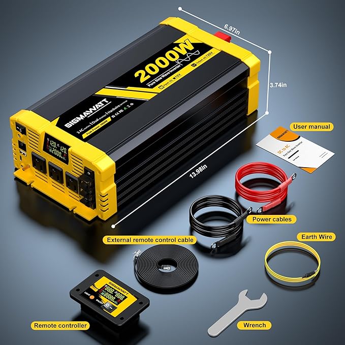 2000W Pure Sine Wave Inverter12V DC to 120V AC–Powers RVTruck&ampHome BackupMobile Air Conditioner Electric Kettle Microwave with Led Display and Remote Monitoring