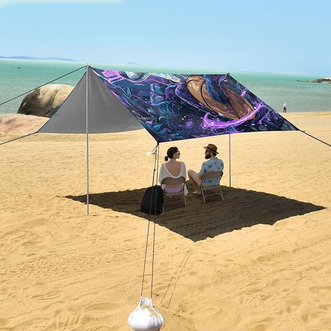 ALAZA Mystical Fox Basketball Beach Tent Sun Shelter UPF50+ Protection Beach Shade Canopy w/ 4 Sandbags for Outdoor Camping Fishing Backyard Fun Picnic 10x9 ft