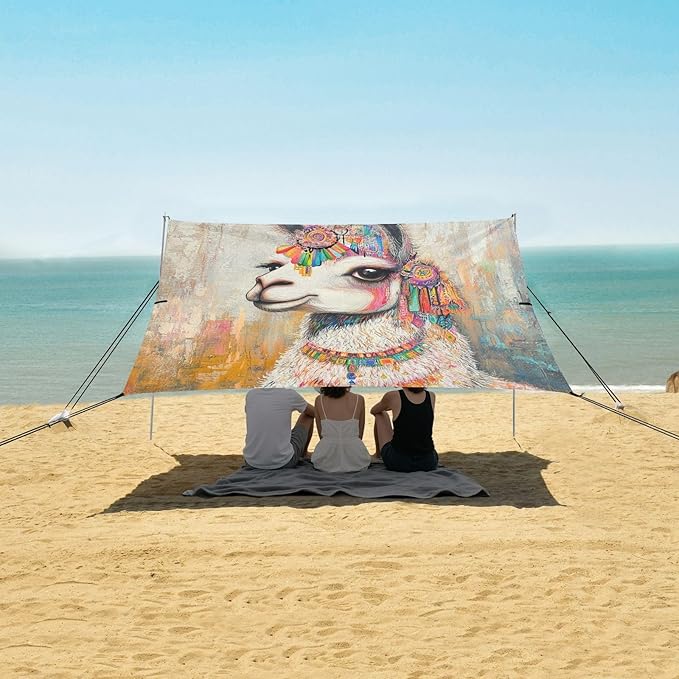 ALAZA Boho Llama Painting Beach Tent Sun Shelter UPF50+ Protection Beach Shade Canopy w/ 4 Sandbags for Outdoor Camping Fishing Backyard Fun Picnic 10x9 ft
