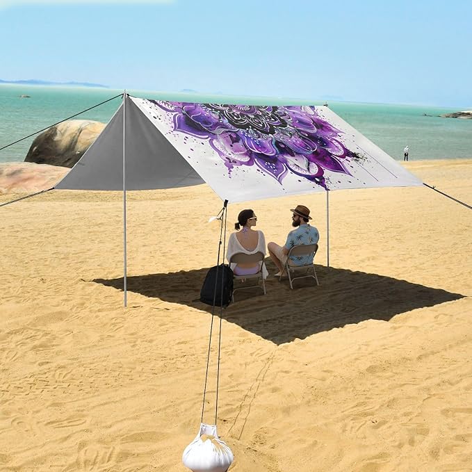 ALAZA Purple Mandala Watercolor Beach Tent Sun Shelter UPF50+ Protection Beach Shade Canopy w/ 4 Sandbags for Outdoor Camping Fishing Backyard Fun Picnic 10x9 ft