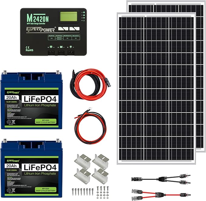 ExpertPower 200W 12V Solar Power Kit | 2 x 12V 20Ah LiFePO4 Lithium Batteries | 200W Mono Rigid Solar Panels 20A MPPT Solar Charge Controller | RV Trailer Camper Marine Off Grid Solar Projects