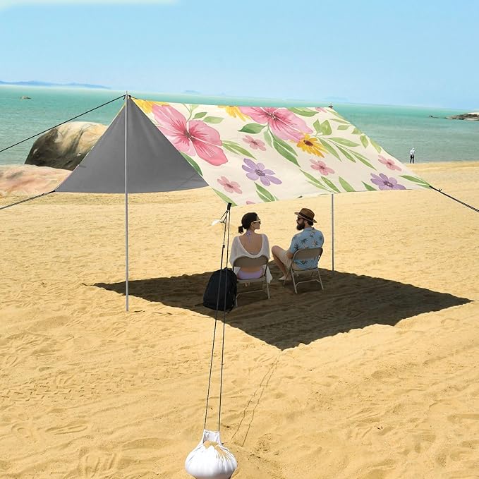 xigua Wildflowers Beach Tent Sun Shelter with Carrying Bag - Silver Coated Oxford Fabric Beach Canopy for Beach Camping Fishing - Includes Windproof Ropes Sandbags &amp Stakes
