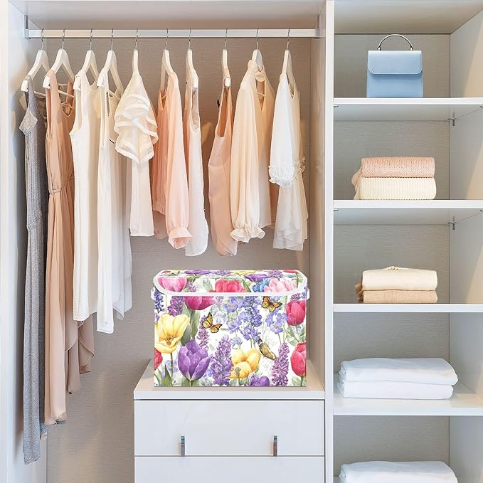 Storage Bins with Lids Storage Containers Box Organizer Bin Basket with Handles for Closet Shelves Clothes Stackable Foldable Decorative Tulips Lavenders Purple Butterfly