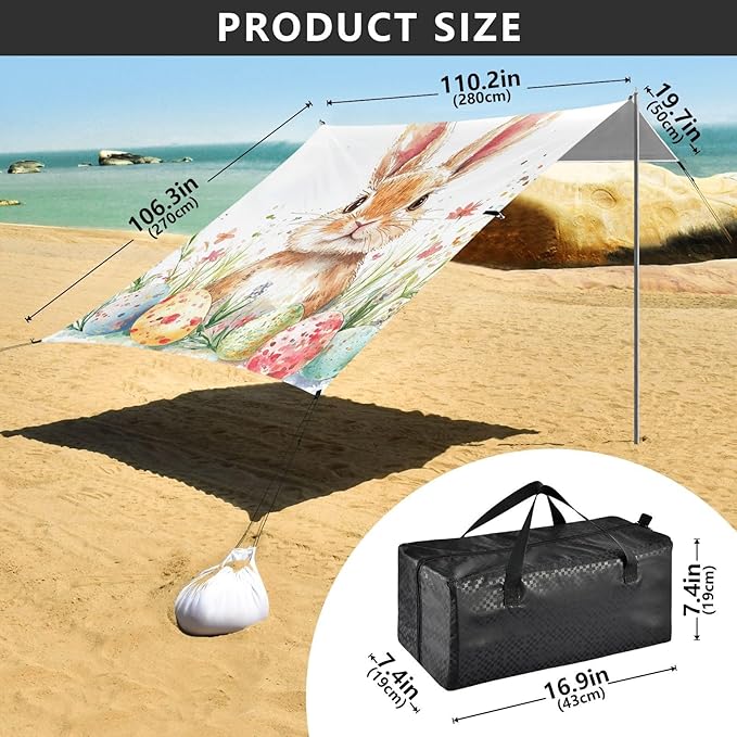 ALAZA Happy Easter Easter Rabbit Eggs Spring Flowers Beach Tent Sun Shelter Portable Canopy Sunshade for Outdoor Camping Picnics Backyard Fun 10x9 ft