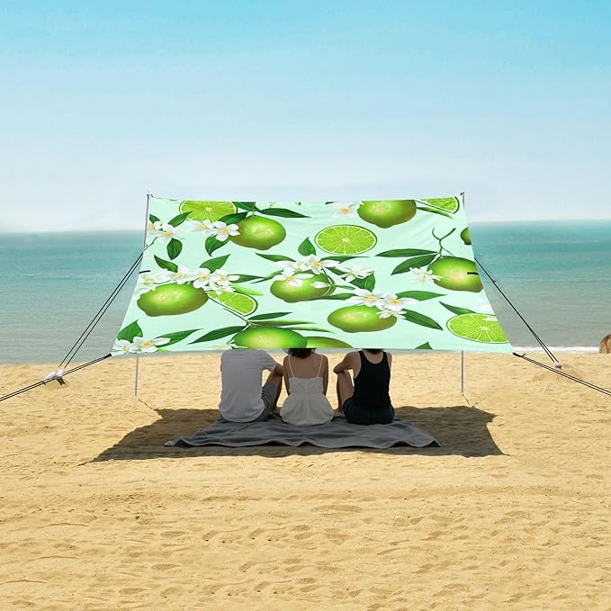Beach Canopy with Windproof Ropes &amp Sandbags Beach Tent Sun Shade Sun Shelter for Camping Trips Fishing Backyard Fun or Picnics Lime