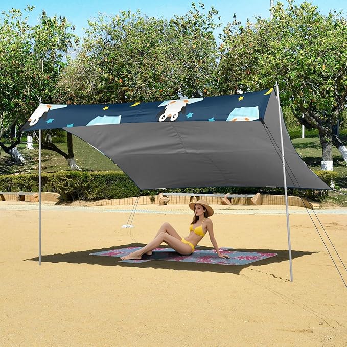 Beach Canopy with Windproof Ropes &amp Sandbags Beach Tent Sun Shade Sun Shelter for Camping Trips Fishing Backyard Fun or Picnics Penguins